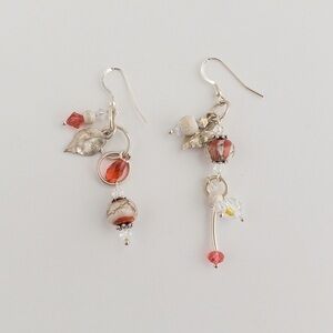 Sterling Silver Earrings Mismatch Pink Crystal Lampwork Beaded Drop Dangle